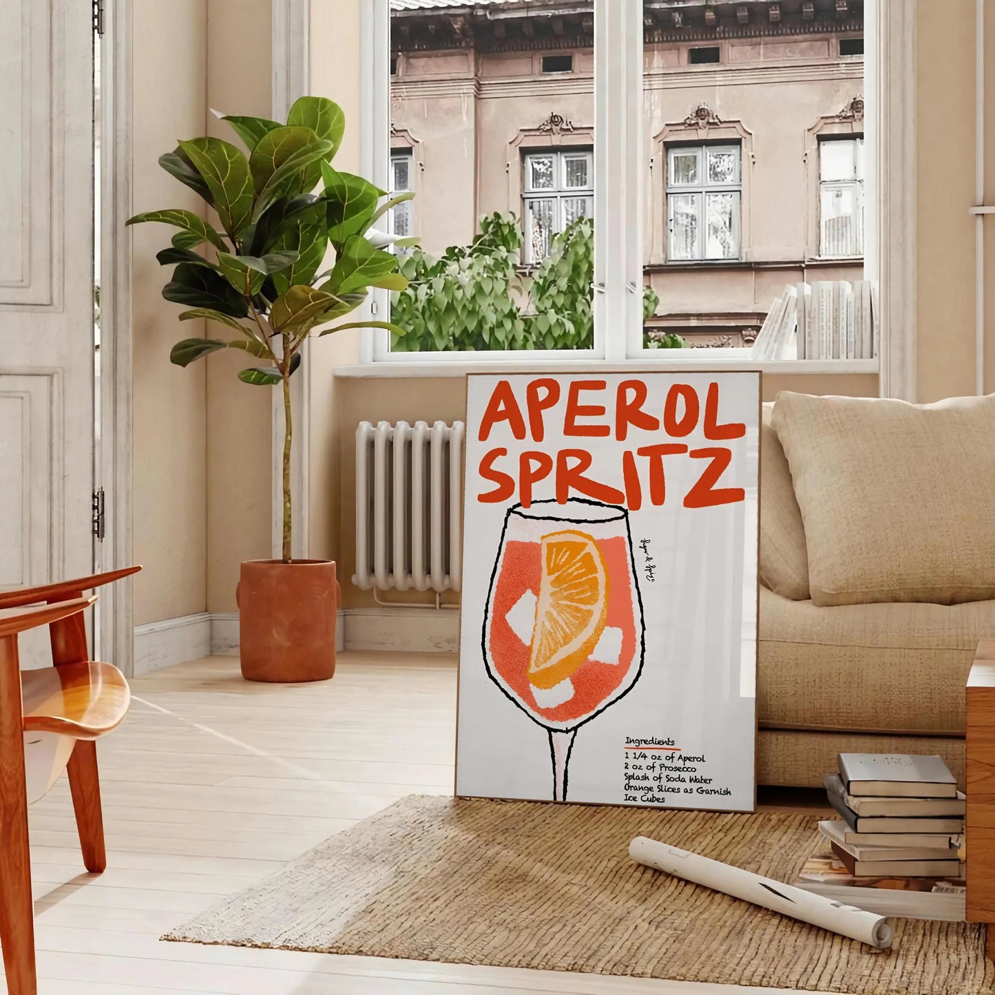space vibrant Aperol Spritz cocktail poster bold orange sleek black hues wall art lovers unique gift size A4 cm A0 room stunning artwork