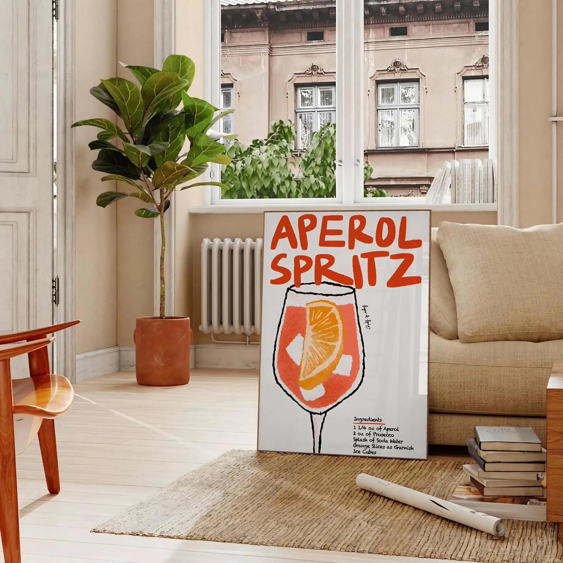 space vibrant Aperol Spritz cocktail poster bold orange sleek black hues wall art lovers unique gift size A4 cm A0 room stunning artwork