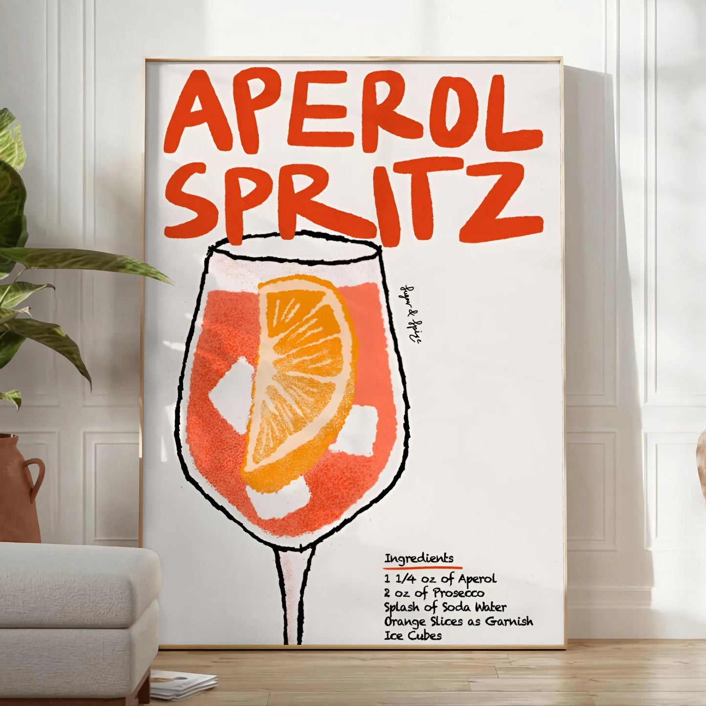 space vibrant Aperol Spritz cocktail poster bold orange sleek black hues wall art lovers unique gift size A4 cm A0 room stunning artwork