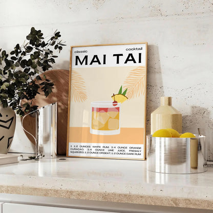 space stunning Mai Tai cocktail poster vibrant yellow black hues eye artwork tropical touch room gift personal wall art statement sizes A4 cm A0
