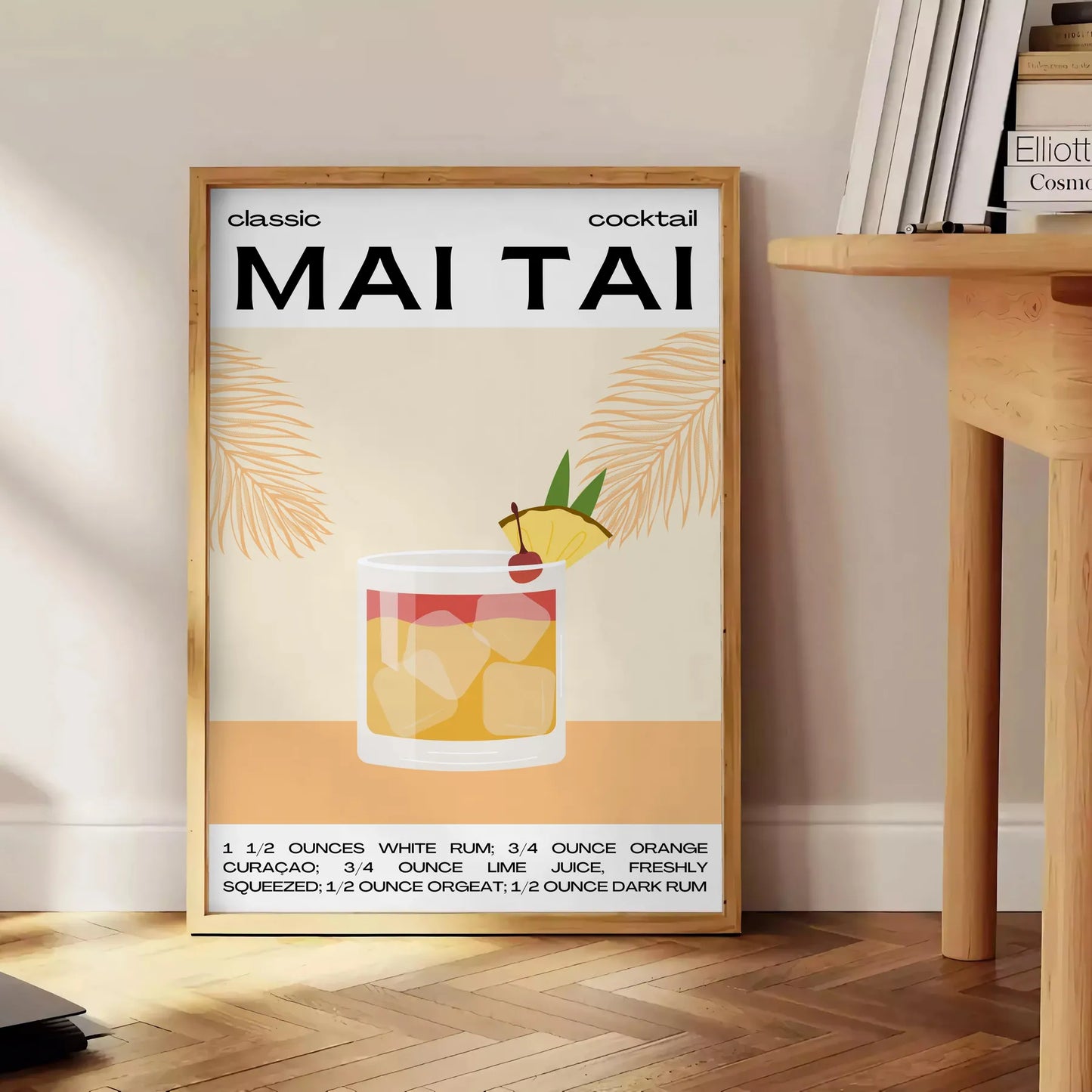 space stunning Mai Tai cocktail poster vibrant yellow black hues eye artwork tropical touch room gift personal wall art statement sizes A4 cm A0