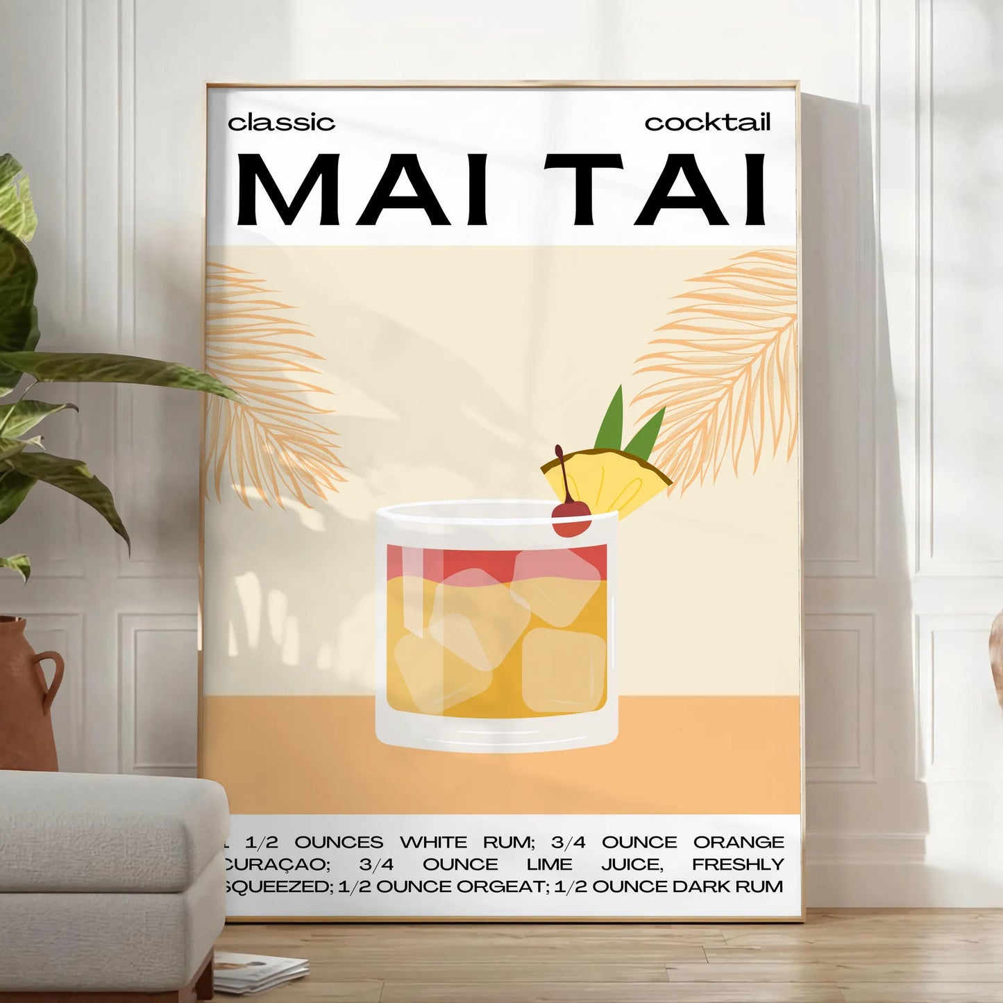 space stunning Mai Tai cocktail poster vibrant yellow black hues eye artwork tropical touch room gift personal wall art statement sizes A4 cm A0